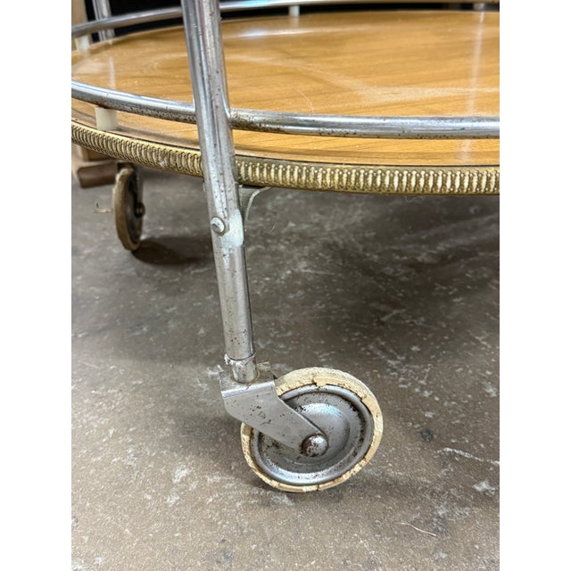 Brown Vintage French Mid-Century Chrome & Wood Two-Tier Bar Cart With Removable Tray For Sale - Image 8 of 10