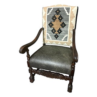 Antique 19th Century Hacienda Chair Reupholstered With Vintage Oaxaca Zapotec Tapestry and New Leather For Sale