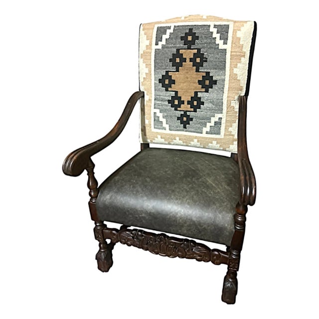 Antique 19th Century Hacienda Chair Reupholstered With Vintage Oaxaca Zapotec Tapestry and New Leather For Sale