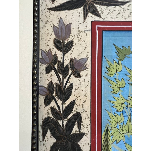 Boho Chic Indo-Persian Gouache Vintage Painting on Silk, Framed For Sale - Image 3 of 7