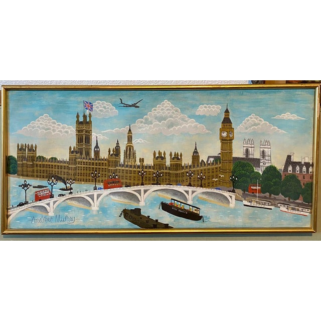 Big Ben, House of Parliament with Union Jack flag, Thames River, boats, barges, airplane and double decker red bus....