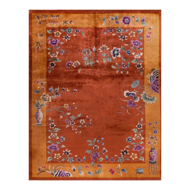1920s Orange Pumpkin Floral Antique Chinese Art Deco Carpet 9' X 11' 6" Knotted Wool Rug For Sale