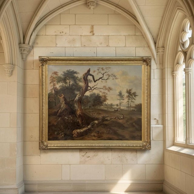 A monumental 17th century pastoral landscape, painted in oil on canvas and preserved in its original giltwood frame,...
