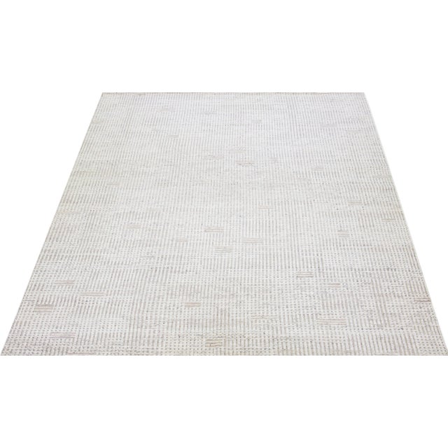 Contemporary 2010s Handmade Modern Ivory Moroccan Style Wool Rug With Minimalist Motif by Apadana For Sale - Image 3 of 7
