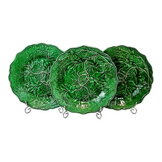 1878 Antique Victorian French l'Art Vegetal Green Majolica Clairefountaine Salad Plates - Set of 3 For Sale