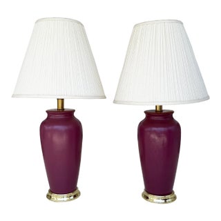 Vintage Sang De Boeuf Oxblood Glazed Ceramic and Brass Table Lamps With Shades - a Pair For Sale