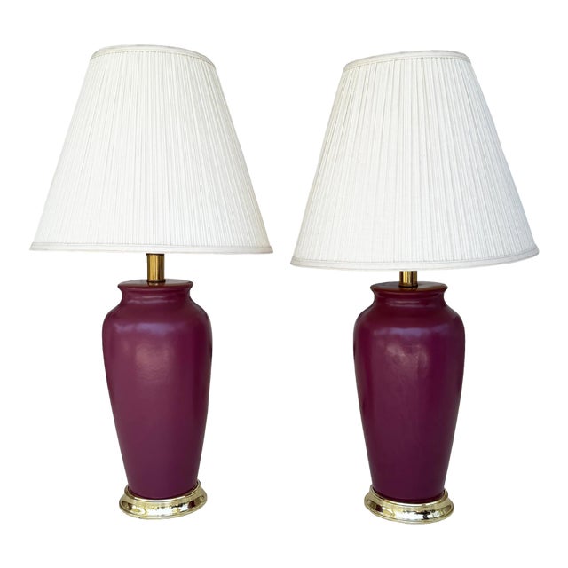 Vintage Sang De Boeuf Oxblood Glazed Ceramic and Brass Table Lamps With Shades - a Pair For Sale