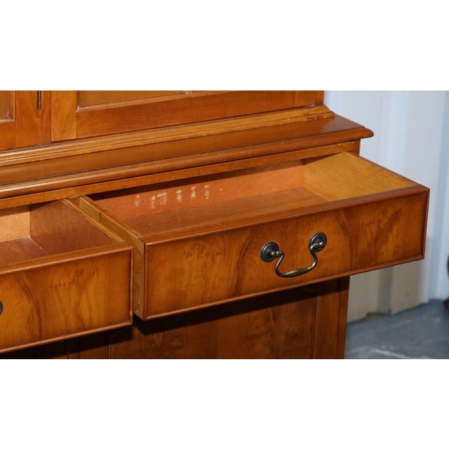 Brown Vintage English Burr Yew Wood 3 Door Glazed Display Bookcase Cabinet For Sale - Image 8 of 18