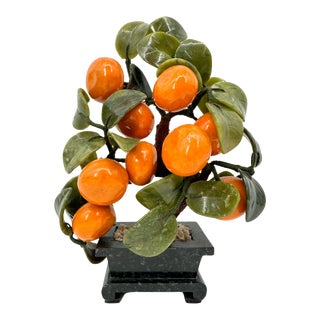 1950's Chinese Carved Hardstone Tangerine Bonsai Sculpture For Sale