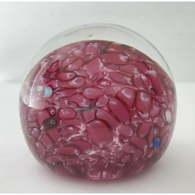 Vintage Italian Murano glass paperweight hand blown with white and red scrambled canes within the glass, made in Italy,...