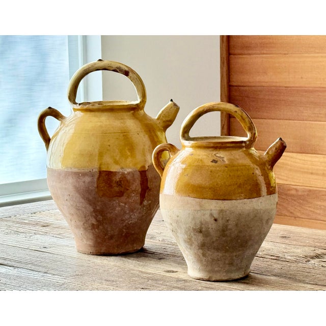 French 19th Century Antique Glazed Yellow Confit, Cruche Pot, Gargolette With Top Handle and Spout- A Pair For Sale - Image 12 of 12