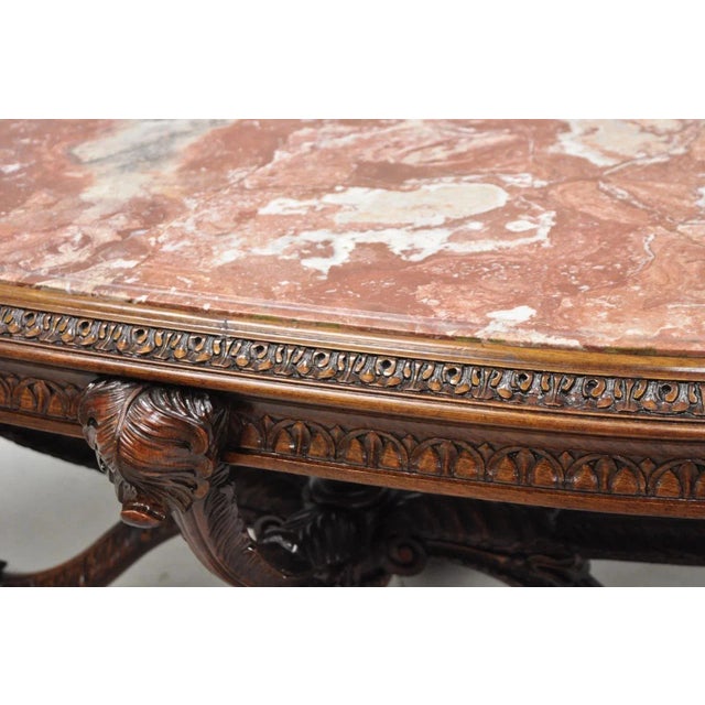 Wood Antique Grosfeld House French Regency Plume Carved Mahogany Marble Coffee Table For Sale - Image 7 of 13