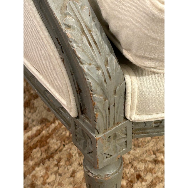 French Style Grey Painted and Freshly Upholstered Bergeres - A Pair For Sale - Image 9 of 12