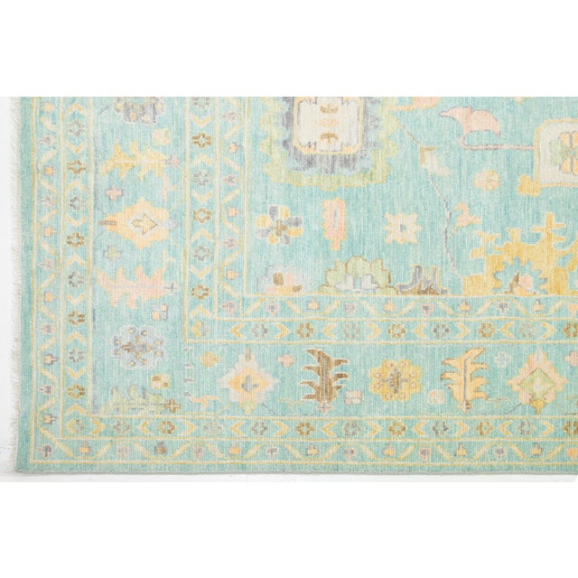 2010s Modern HandCrafted Oushak Style Light Green Wool Rug With Floral Design For Sale - Image 5 of 9