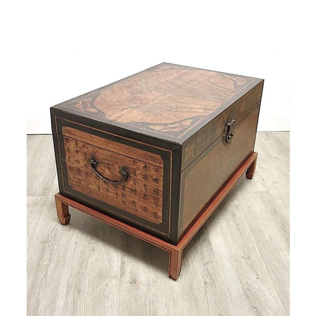 Early 20th Century Early 20th Century Chinese Yangjiang Lacquered Leather Trunk Chest With Calligraphy For Sale - Image 5 of 15