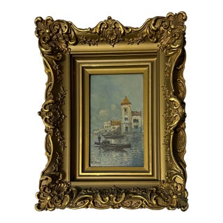 Late 19th Century Rudolf Ribarz (1848–1904) signed "Ribati" Impressionist Venice Canal Gondola Signed Painting in Ornate Gold Frame For Sale