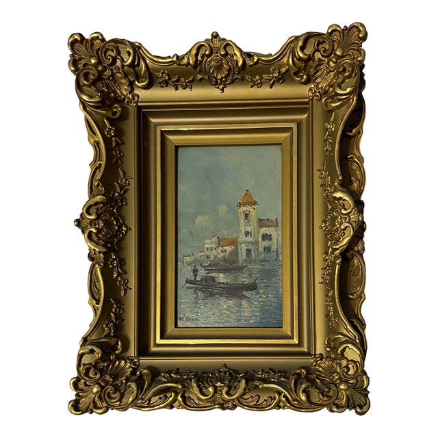 Late 19th Century Rudolf Ribarz (1848–1904) signed "Ribati" Impressionist Venice Canal Gondola Signed Painting in Ornate Gold Frame For Sale