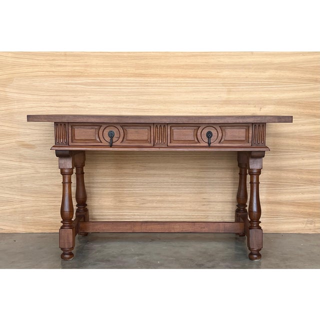 Pair of Early 20th Spanish Light Walnut Country Farm Desk with Two Drawers For Sale - Image 17 of 18