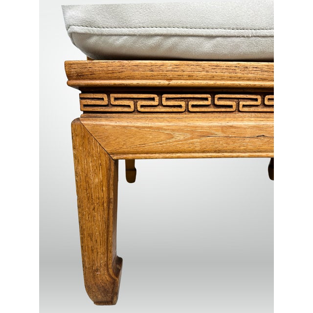 1960s Mid-Century Carved Oak Ming Style Lounge Chairs Cream Ultrasuede Pair For Sale - Image 10 of 12