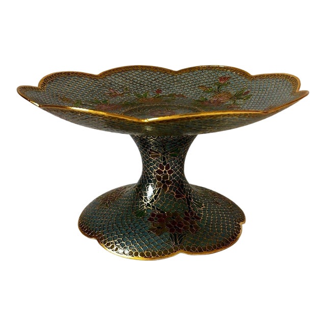 Vintage Cloisonné Enamel Pierced Fruit Stand / Compote – Eggshell Technique, Gilded Floral Motif For Sale