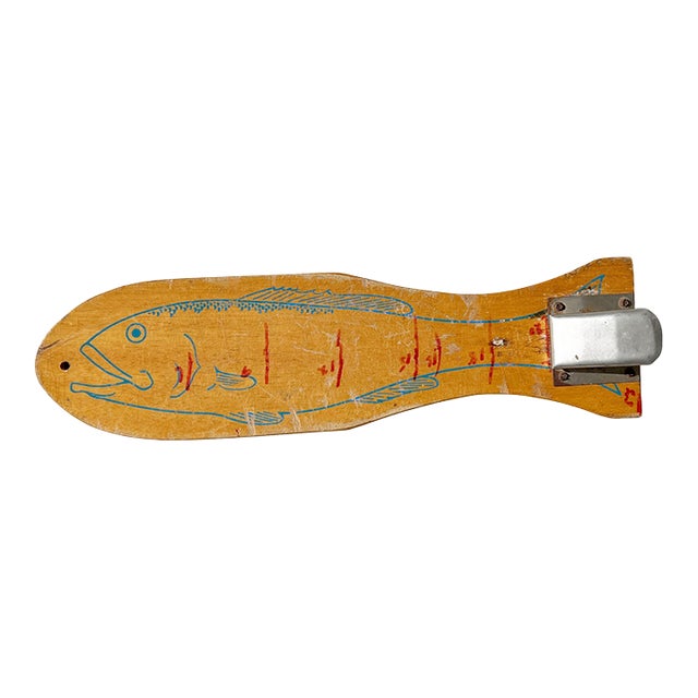 Vintage Wooden Fish Filleting Board With Metal Clamp – Nautical Folk Art For Sale