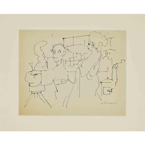 Ink on paper. A compelling and highly economical drawing by Mino Maccari, executed in fluid ink line, depicting a loosely...