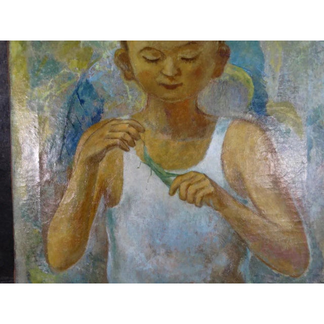 1940s Mid 20th Century Naoyasu Harada "Boy and Locust" Oil Painting on Canvas For Sale - Image 5 of 8