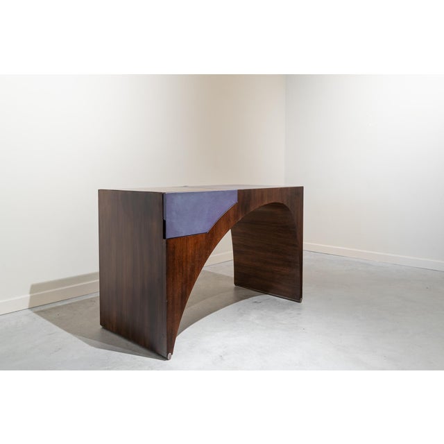 1980s French Postmodern Dressing Table in Walnut Wood and Lilac Leather., 1980s For Sale - Image 5 of 16