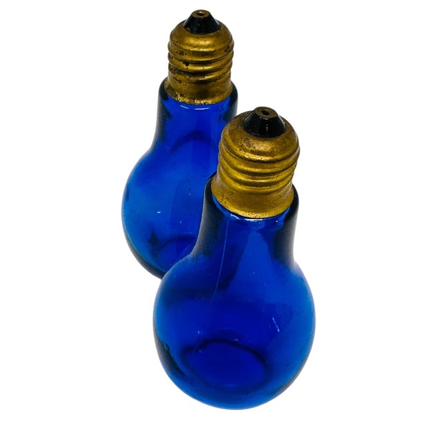 1970s 1970's Petite Cobalt Blue Lightbulb Salt and Pepper Shakers | Mid Century Blue Glass Kitchen Decor | Retro Novelty Gift For Sale - Image 5 of 13