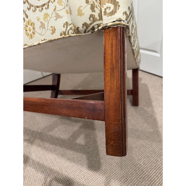 Vintage Custom Upholstered Wing Back Chair With Mahogany Base For Sale - Image 12 of 17