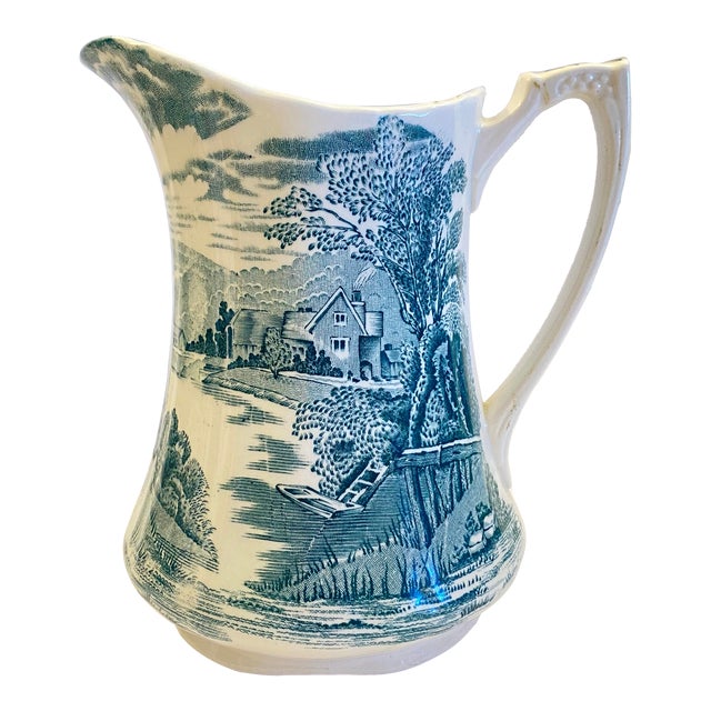 Antique Alfred Meakin Tintern Transferware Pitcher Jug C1920 England Green Gray For Sale