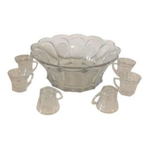 Vintage Fostoria Coin Glass Punch Bowl With Matching Mugs Set- 7 Pieces