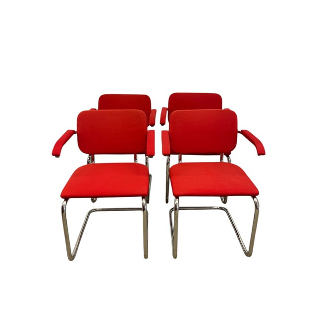 1970s Set of 4 Knoll Cesca Red Upholstered Cantilever Armchairs With Chrome Frames For Sale - Image 4 of 12