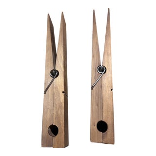 1960s Oversized Wood Clothespin Wall Mounted Towel & Quilt Holders - Pair For Sale