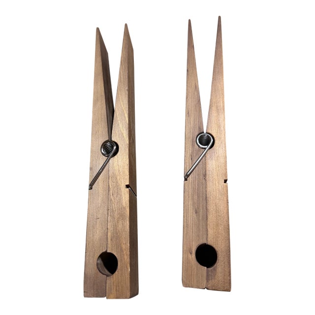1960s Oversized Wood Clothespin Wall Mounted Towel & Quilt Holders - Pair For Sale