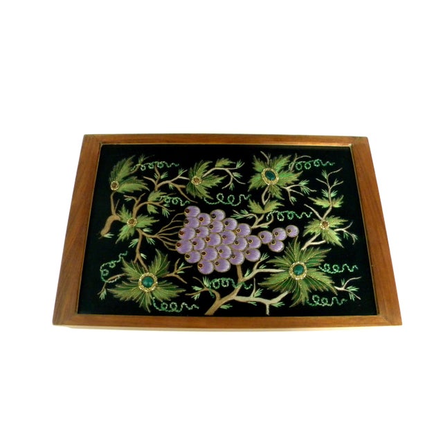 Wood Vintage Embroidered Velvet Jewel Coasters and a Serving Tray Under Glass in Wooden Frame - 7 Pieces For Sale - Image 7 of 12