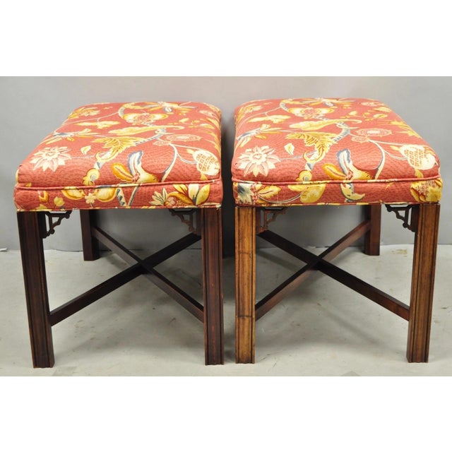 Vintage Chinese Chippendale Style Carved Mahogany Fretwork Bench Stool - Pair For Sale In Philadelphia - Image 6 of 12
