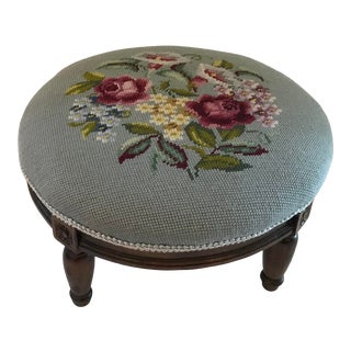 Vintage Needlepoint Round Footstool For Sale