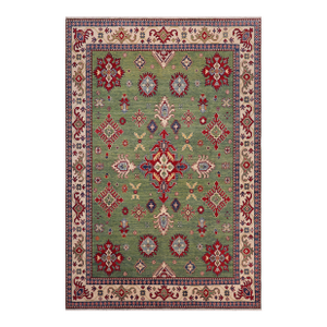 1990s Bohemian Kazak Light Green & Beige Wool Rug - 8'3'' X 9'5''