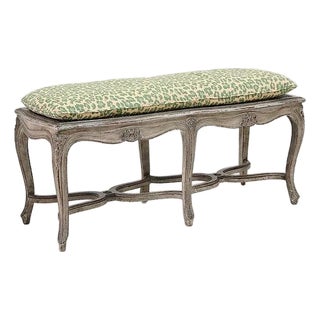Antique Louis XV Style Painted Carved Wood Caned Bench With Cushion For Sale