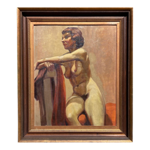 1940s Studio Portrait, 40s Female Nude Oil Painting on Canvas, Framed