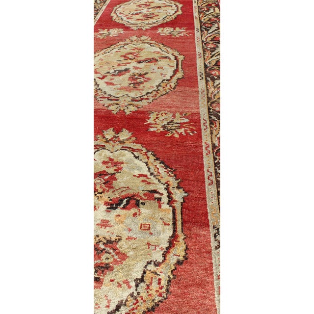 Textile Antique Turkish Oushak Runner With European Design in Red Brown and Green For Sale - Image 7 of 9