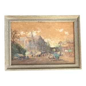 1930’s Original F.E.Grone Cityscape Watercolor Painting in Vintage Frame
