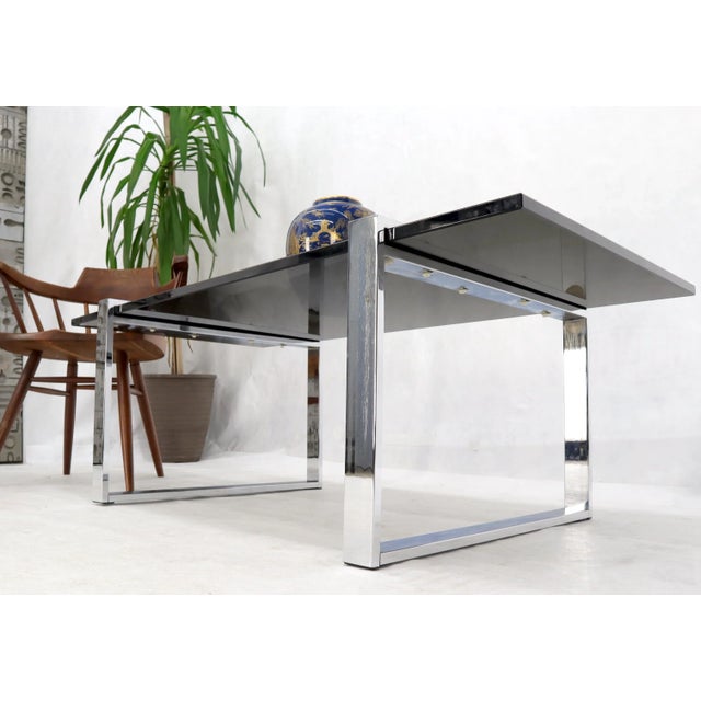 Thick Smoked Glass Top Chrome Base Rectangle Coffee Table For Sale - Image 12 of 13