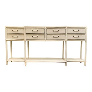 Organic Modern White Wood and Rattan 8 Drawer Console Table For Sale