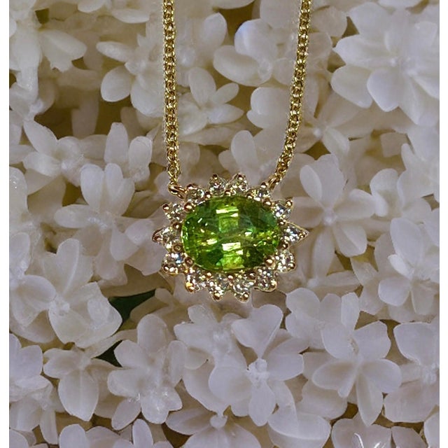 Green Natural Sapphire Diamond Halo Pendant With Chain 18" 14k YG 3.14 TCW Certified For Sale - Image 8 of 13