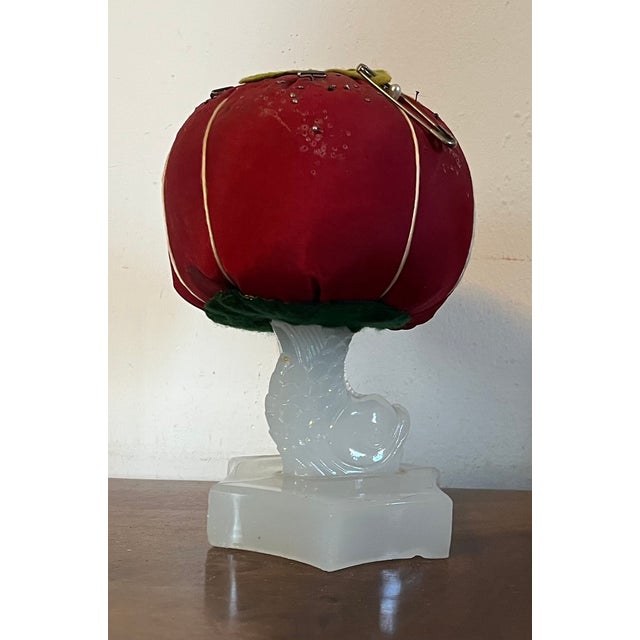 Textile Early 20th C. Make-Do Tomato Pin Cushion on 19th C. Dolphin Sandwich Glass Stand For Sale - Image 7 of 16