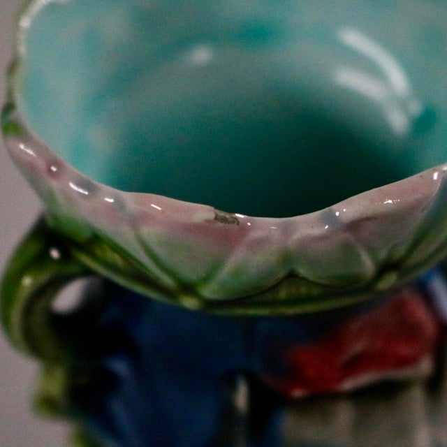 Blue Antique Majolica Monkey Bulb Vase For Sale - Image 8 of 13