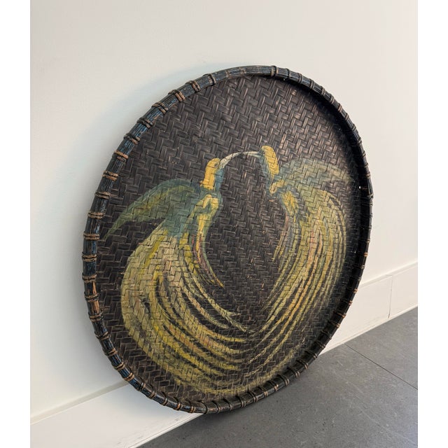 Wood Large Vintage Wicker Basket Tray With Hand Painted Birds of Paradise For Sale - Image 7 of 11