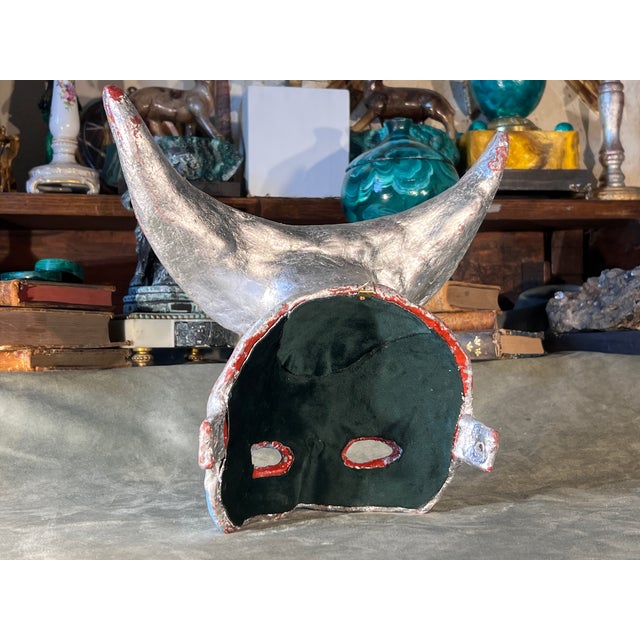 Silver Rare Venetian Baroque Style Handmade Paper Mache Silver Gilded & Painted Moon Mask For Sale - Image 8 of 11